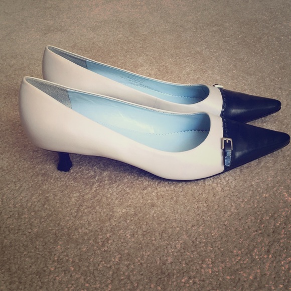 navy and cream heels